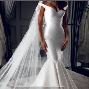 Off the shoulder stretch satin mermaid wedding gown